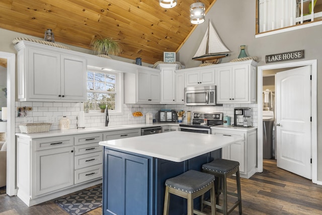 859 Crows Nest Trl, Branson, MO 65616 - kitchen featuring appliances with stainless steel finishes, tasteful backsplash, white cabinetry, light countertops, and wood ceiling