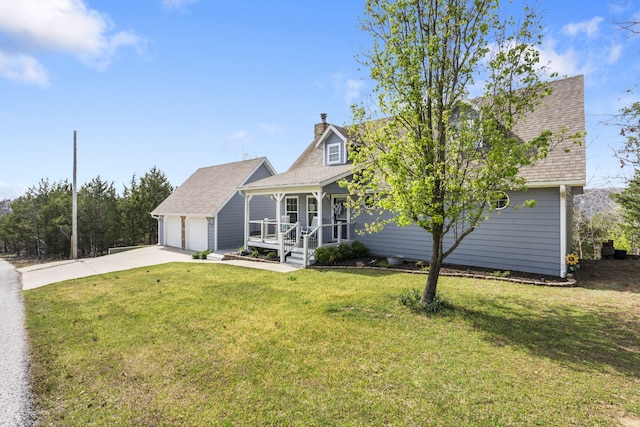859 Crows Nest Trl, Branson, MO 65616 - cape cod house featuring a porch, a garage, a chimney, concrete driveway, and a front lawn