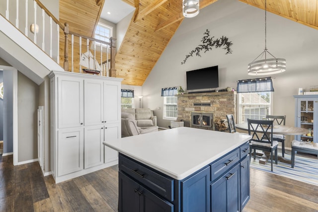 859 Crows Nest Trl, Branson, MO 65616 - kitchen featuring blue cabinetry, high vaulted ceiling, wooden ceiling, a fireplace, and white cabinets