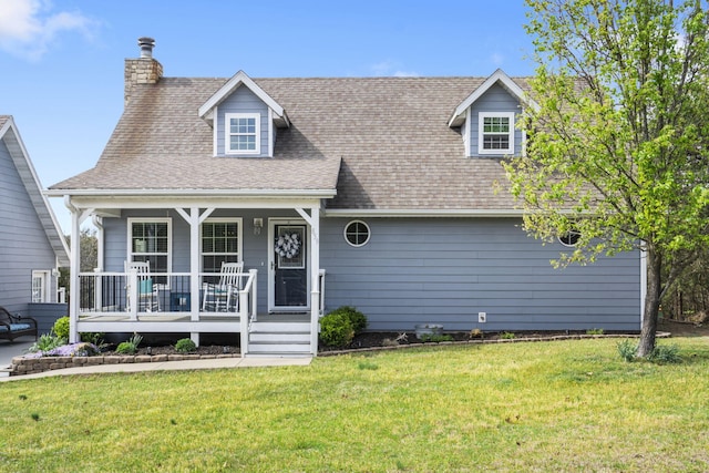 859 Crows Nest Trl, Branson, MO 65616 - cape cod home featuring a front yard, a porch, a chimney, and a shingled roof