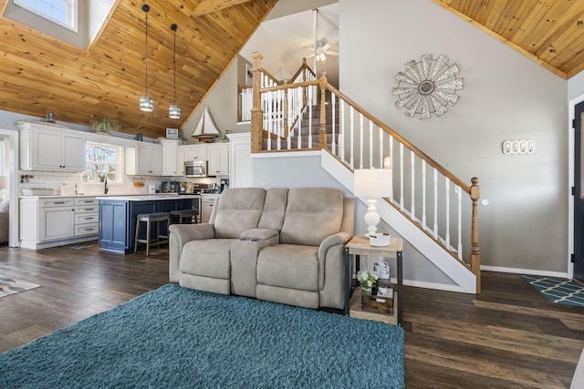 859 Crows Nest Trl, Branson, MO 65616 - living area with wood ceiling, high vaulted ceiling, stairs, ceiling fan, and dark wood-style floors