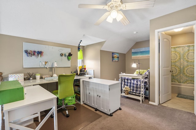 859 Crows Nest Trl, Branson, MO 65616 - home office with light carpet, a ceiling fan, and lofted ceiling