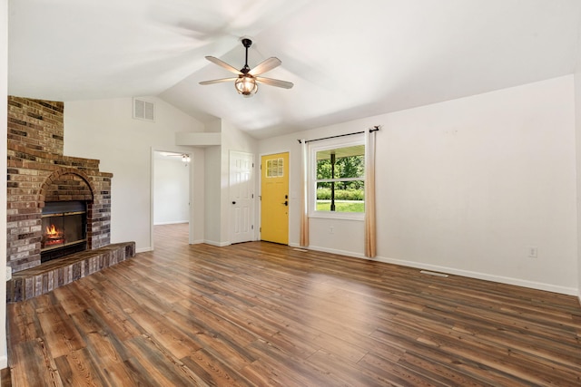 1035 Scenic View Rd, Ozark, MO 65721 - unfurnished living room with a ceiling fan, wood finished floors, a fireplace, and lofted ceiling