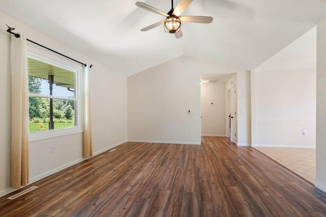 1035 Scenic View Rd, Ozark, MO 65721 - empty room with ceiling fan, wood finished floors, and vaulted ceiling