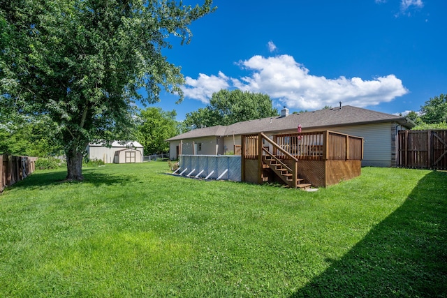 1035 Scenic View Rd, Ozark, MO 65721 - fenced backyard with a wooden deck, a shed, and stairs