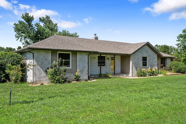 1035 Scenic View Rd, Ozark, MO 65721 - ranch-style house with a front yard, a porch, a chimney, and brick siding