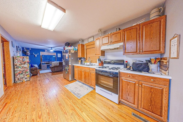 26015 County Road 262, Hermitage, MO 65668 - kitchen with gas range oven, under cabinet range hood, light countertops, light wood finished floors, and stainless steel fridge with ice dispenser