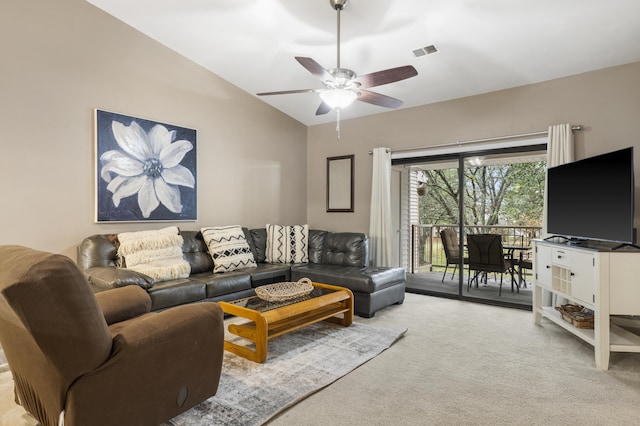 350 Wildwood Dr S Unit 31, Branson, MO 65616 - living room featuring carpet flooring, lofted ceiling, and ceiling fan
