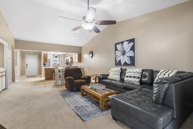 350 Wildwood Dr S Unit 31, Branson, MO 65616 - living area with lofted ceiling, a ceiling fan, and light carpet