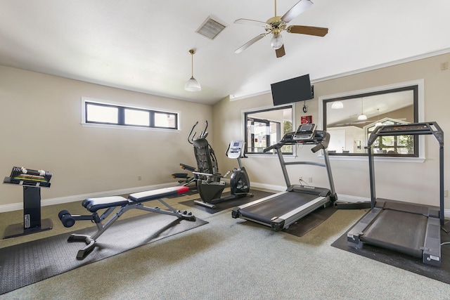 350 Wildwood Dr S Unit 31, Branson, MO 65616 - workout room with ceiling fan, carpet, and lofted ceiling