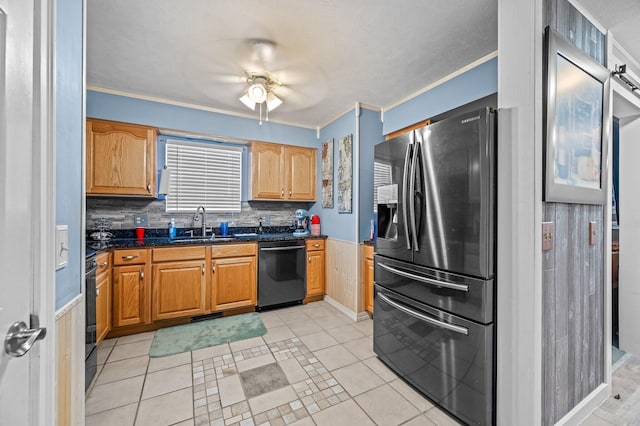 105 W Oak St, Nixa, MO 65714 - kitchen with refrigerator with ice dispenser, dishwashing machine, ornamental molding, ceiling fan, and a wainscoted wall