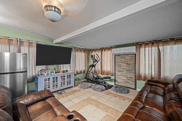 105 W Oak St, Nixa, MO 65714 - tiled living area featuring an AC wall unit, beamed ceiling, and a textured ceiling