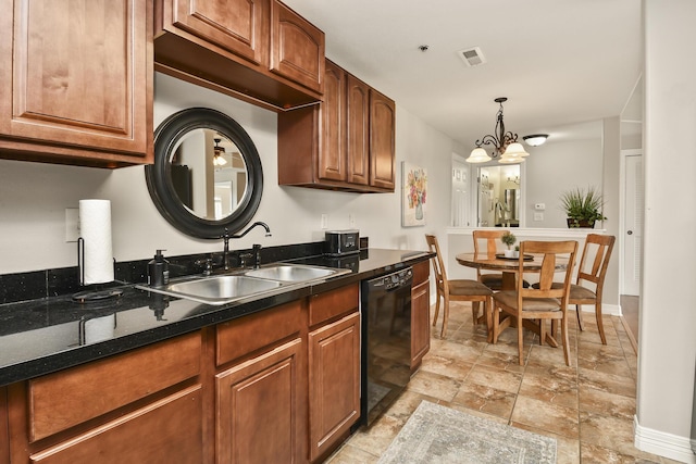 180 Grace Chapel Rd Unit 220, Blue Eye, MO 65611 - kitchen featuring black dishwasher, a chandelier, decorative light fixtures, and brown cabinetry