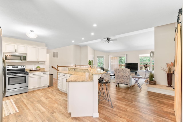 1865 Morningside Falls Blvd, Blue Eye, MO 65611 - kitchen featuring stainless steel appliances, light wood-style floors, lofted ceiling, a kitchen bar, and a barn door
