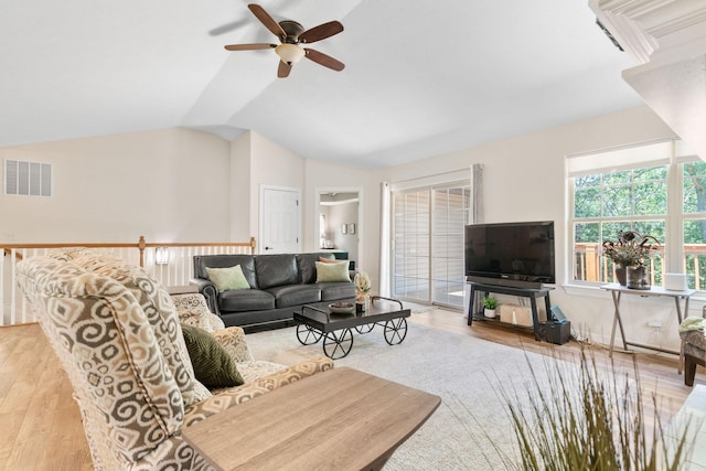 1865 Morningside Falls Blvd, Blue Eye, MO 65611 - living room featuring a ceiling fan, lofted ceiling, and light wood-type flooring