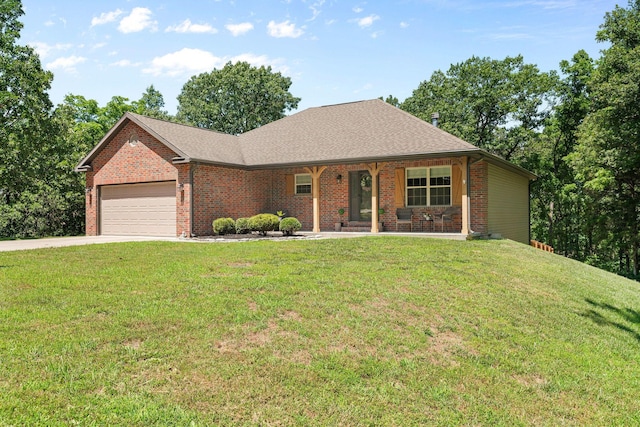 1865 Morningside Falls Blvd, Blue Eye, MO 65611 - ranch-style house featuring a garage, brick siding, concrete driveway, and a front lawn