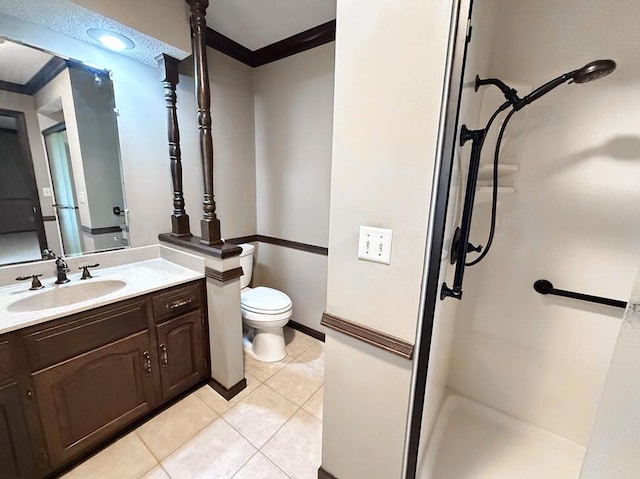 114 W Carman Rd, El Dorado Springs, MO 64744 - bathroom featuring crown molding, a shower stall, vanity, and tile patterned flooring