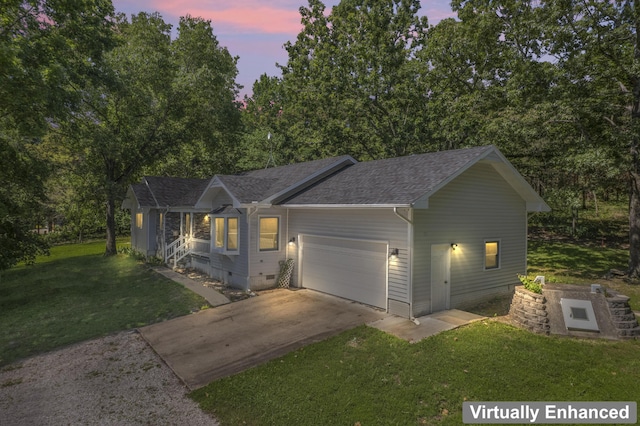 183 S Heatherwood Rd, Shell Knob, MO 65747 - ranch-style house with concrete driveway, a garage, a yard, crawl space, and a shingled roof
