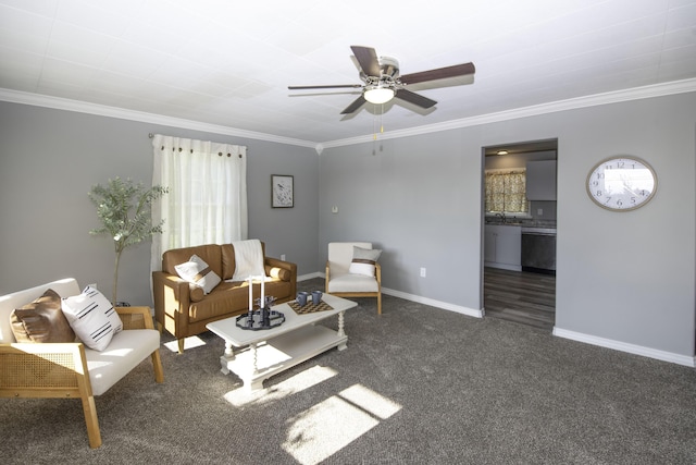 106 S 3rd Ave, Ozark, MO 65721 - living area with crown molding, carpet flooring, and a ceiling fan