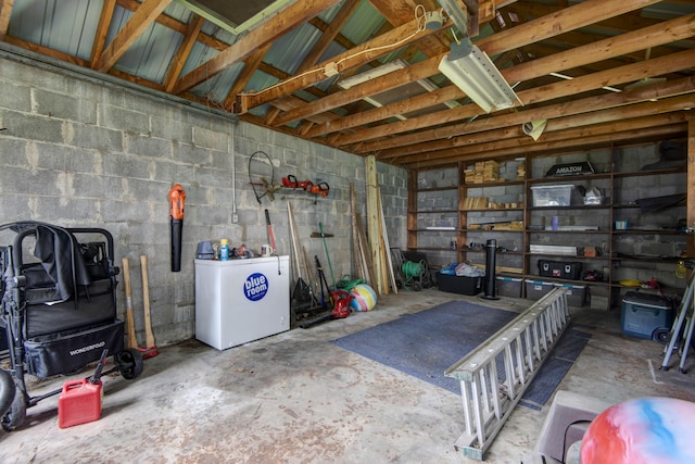 1510 E Mcdaniel St, Springfield, MO 65802 - below grade area with a wood stove, concrete block wall, and refrigerator