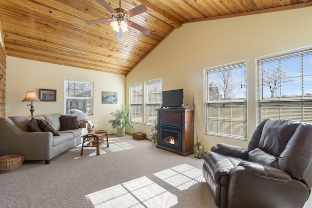 LOT19 Edwards Dr, Shell Knob, MO 65747 - living room featuring light carpet, a wood ceiling with exposed beams, a ceiling fan, a glass covered fireplace, and high vaulted ceiling