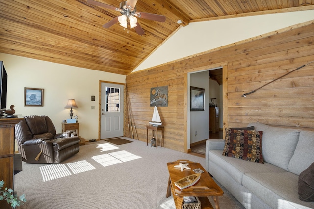 LOT19 Edwards Dr, Shell Knob, MO 65747 - carpeted living room with wood walls, a wooden ceiling with exposed beams, ceiling fan, and high vaulted ceiling