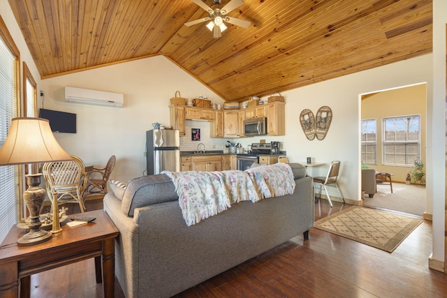 LOT19 Edwards Dr, Shell Knob, MO 65747 - living area with a wall unit AC, a ceiling fan, wood ceiling, dark wood-style flooring, and vaulted ceiling