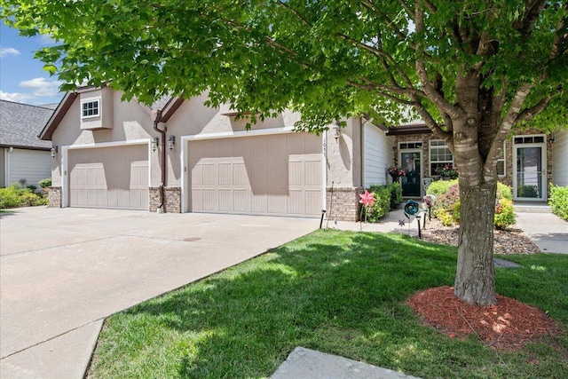 108 Residence Ln, Branson, MO 65616 - view of property hidden behind natural elements with concrete driveway, stucco siding, a front yard, and stone siding