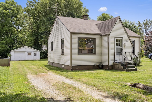 1524 S Thelma Ave, Springfield, MO 65807 - view of front of property with a garage, dirt driveway, a shingled roof, an outbuilding, and a chimney