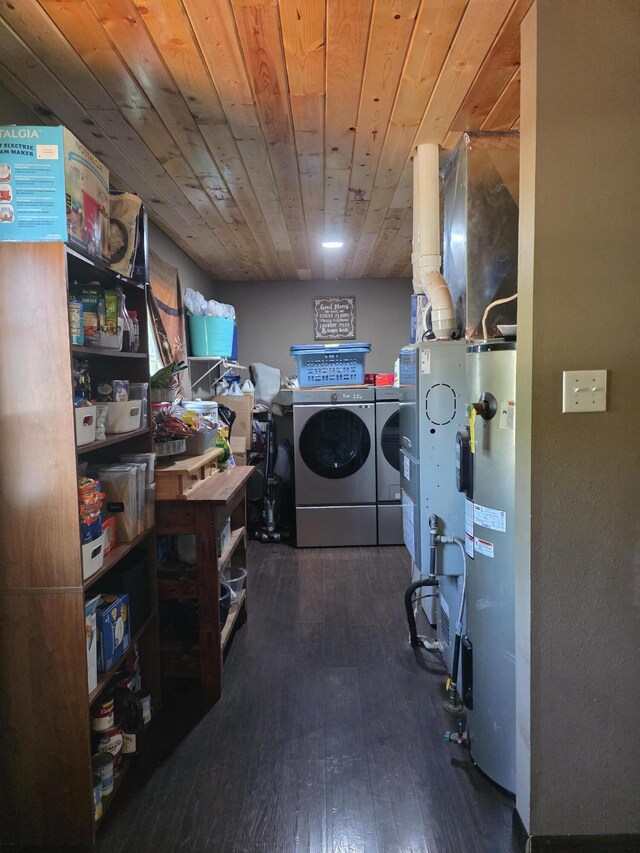 206 Ada St, Greenfield, MO 65661 - laundry area with washer and clothes dryer, water heater, wood ceiling, and hardwood / wood-style floors