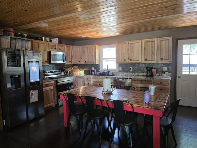 206 Ada St, Greenfield, MO 65661 - kitchen featuring stainless steel appliances, light brown cabinets, dark wood-style floors, wooden ceiling, and backsplash