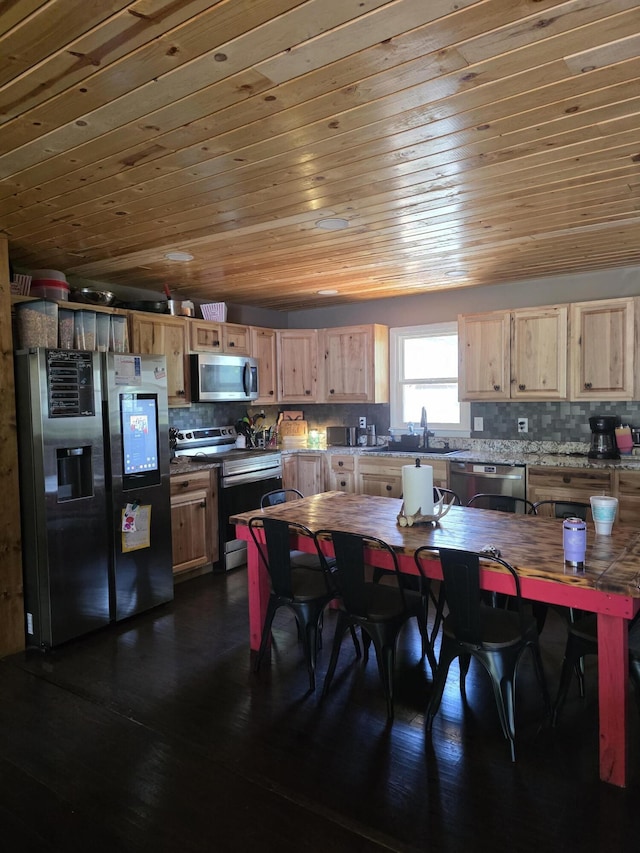 206 Ada St, Greenfield, MO 65661 - kitchen featuring appliances with stainless steel finishes, light brown cabinetry, backsplash, dark wood-type flooring, and wooden ceiling