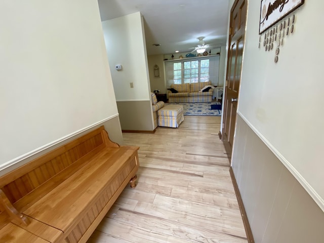 1605 S Park Ave, Aurora, MO 65605 - hall featuring a wainscoted wall and light wood-style floors