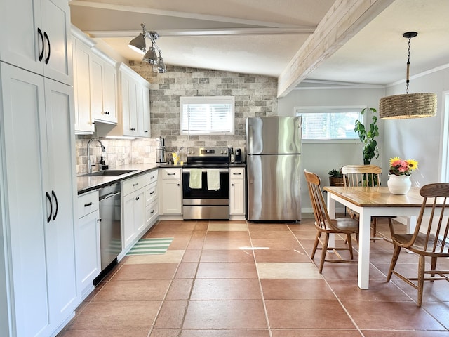 25795 Canyon Dr, Hermitage, MO 65668 - kitchen featuring appliances with stainless steel finishes, beam ceiling, backsplash, dark countertops, and white cabinets