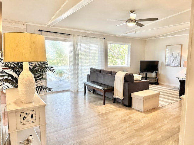 25795 Canyon Dr, Hermitage, MO 65668 - living area with light wood-style flooring, ceiling fan, and crown molding