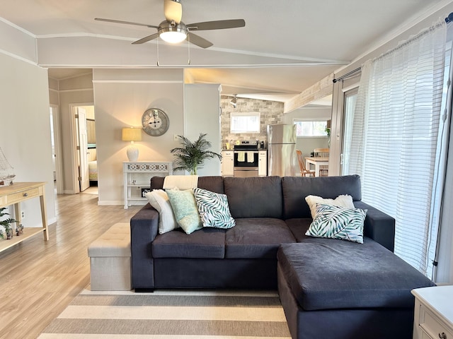 25795 Canyon Dr, Hermitage, MO 65668 - living area featuring a ceiling fan, light wood-style flooring, and lofted ceiling