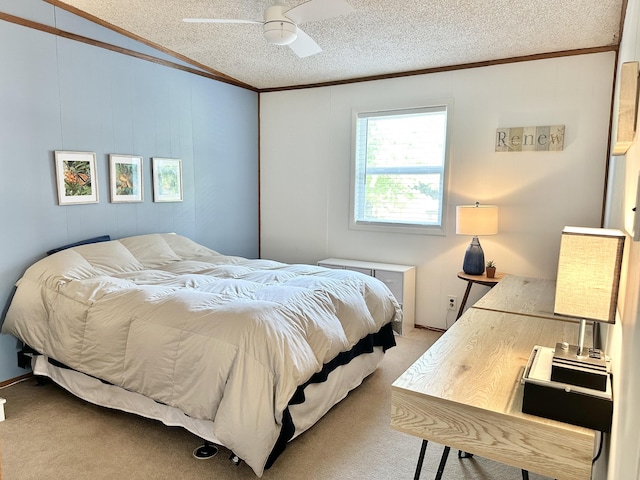 25795 Canyon Dr, Hermitage, MO 65668 - bedroom featuring a textured ceiling, crown molding, light colored carpet, and a ceiling fan