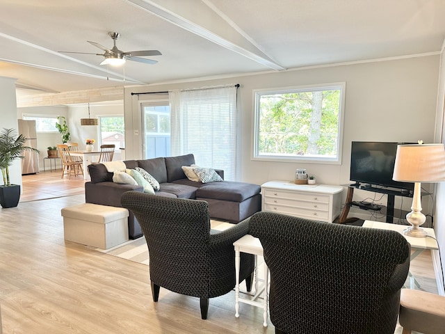 25795 Canyon Dr, Hermitage, MO 65668 - living room featuring a ceiling fan, light wood-style flooring, and beam ceiling