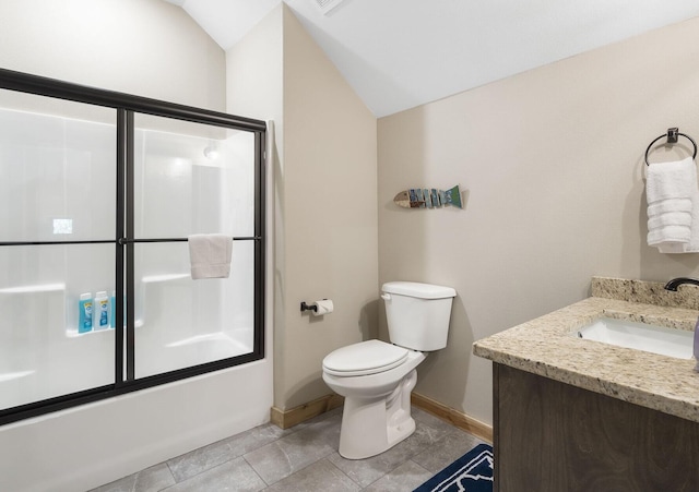 208 Jax Trl, Branson, MO 65616 - bathroom with lofted ceiling, enclosed tub / shower combo, vanity, and tile patterned flooring