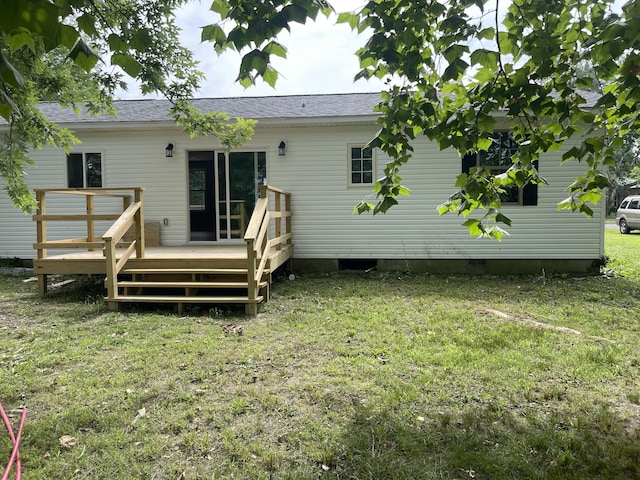 1506 6th St, Monett, MO 65708 - rear view of house with a deck, a yard, crawl space, and a shingled roof