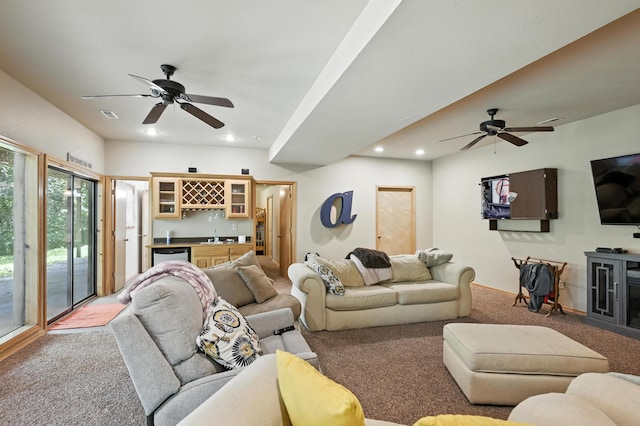 22562 Air Park Dr, Golden, MO 65658 - living room with a ceiling fan, carpet, wet bar, and recessed lighting