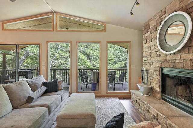 22562 Air Park Dr, Golden, MO 65658 - living room featuring vaulted ceiling, healthy amount of natural light, a fireplace, and wood finished floors