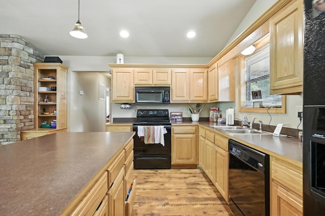 22562 Air Park Dr, Golden, MO 65658 - kitchen featuring black appliances, light brown cabinets, light wood-style flooring, and dark countertops