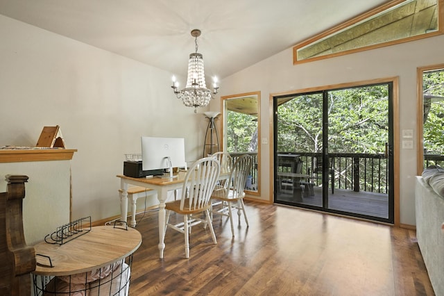 22562 Air Park Dr, Golden, MO 65658 - dining area with a chandelier, wood finished floors, lofted ceiling, and an office area
