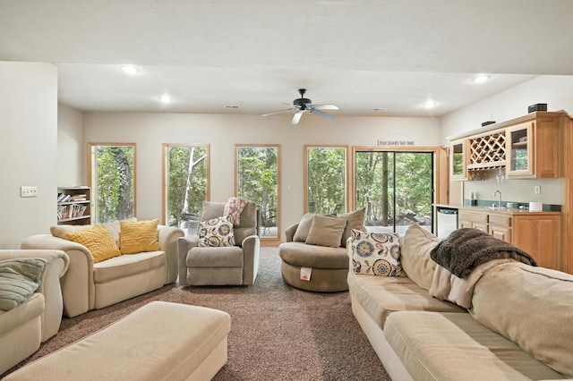 22562 Air Park Dr, Golden, MO 65658 - living area featuring bar with sink, ceiling fan, carpet flooring, and recessed lighting