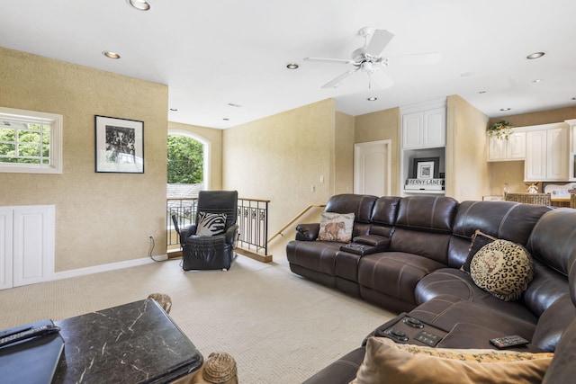 318 S Farm Rd Unit 193, Springfield, MO 65809 - living area featuring light colored carpet, ceiling fan, and recessed lighting