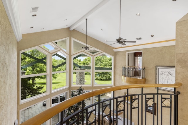 318 S Farm Rd Unit 193, Springfield, MO 65809 - hallway featuring high vaulted ceiling, plenty of natural light, beam ceiling, and an upstairs landing