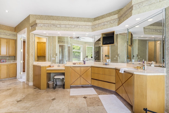 318 S Farm Rd Unit 193, Springfield, MO 65809 - bathroom with vanity, wallpapered walls, ceiling fan, recessed lighting, and a stall shower