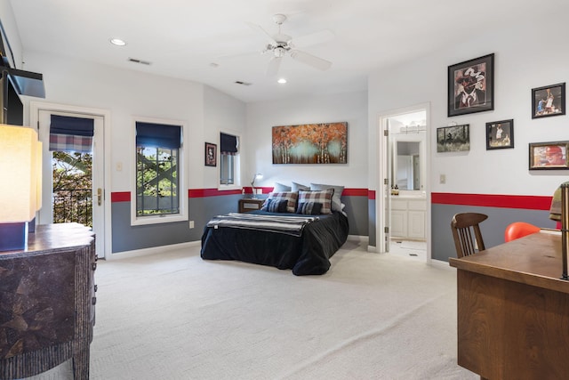 318 S Farm Rd Unit 193, Springfield, MO 65809 - carpeted bedroom featuring access to exterior, recessed lighting, connected bathroom, and ceiling fan