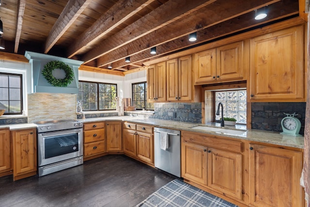 196 Lakeside Way, Forsyth, MO 65653 - kitchen with stainless steel appliances, wall chimney exhaust hood, a wood ceiling with exposed beams, backsplash, and light stone counters